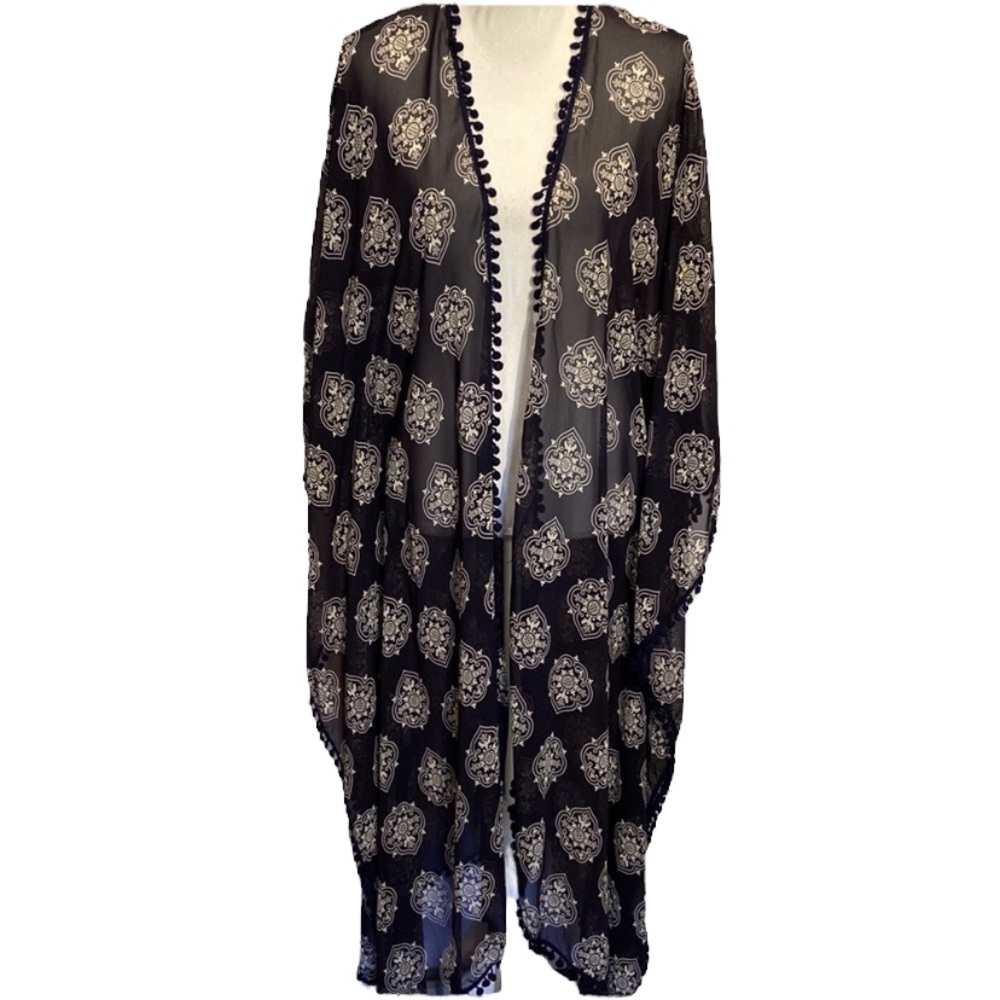 Meet Me in Miami Kimono Beach Wear Duster Robe Navy Pom Pom Trim